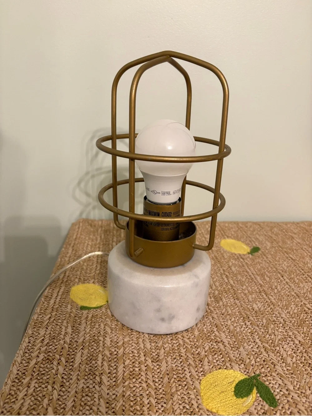 Handsome Industrial Desk Lamp Gold Wire Cage Guard Faux Marble Base Accent Light